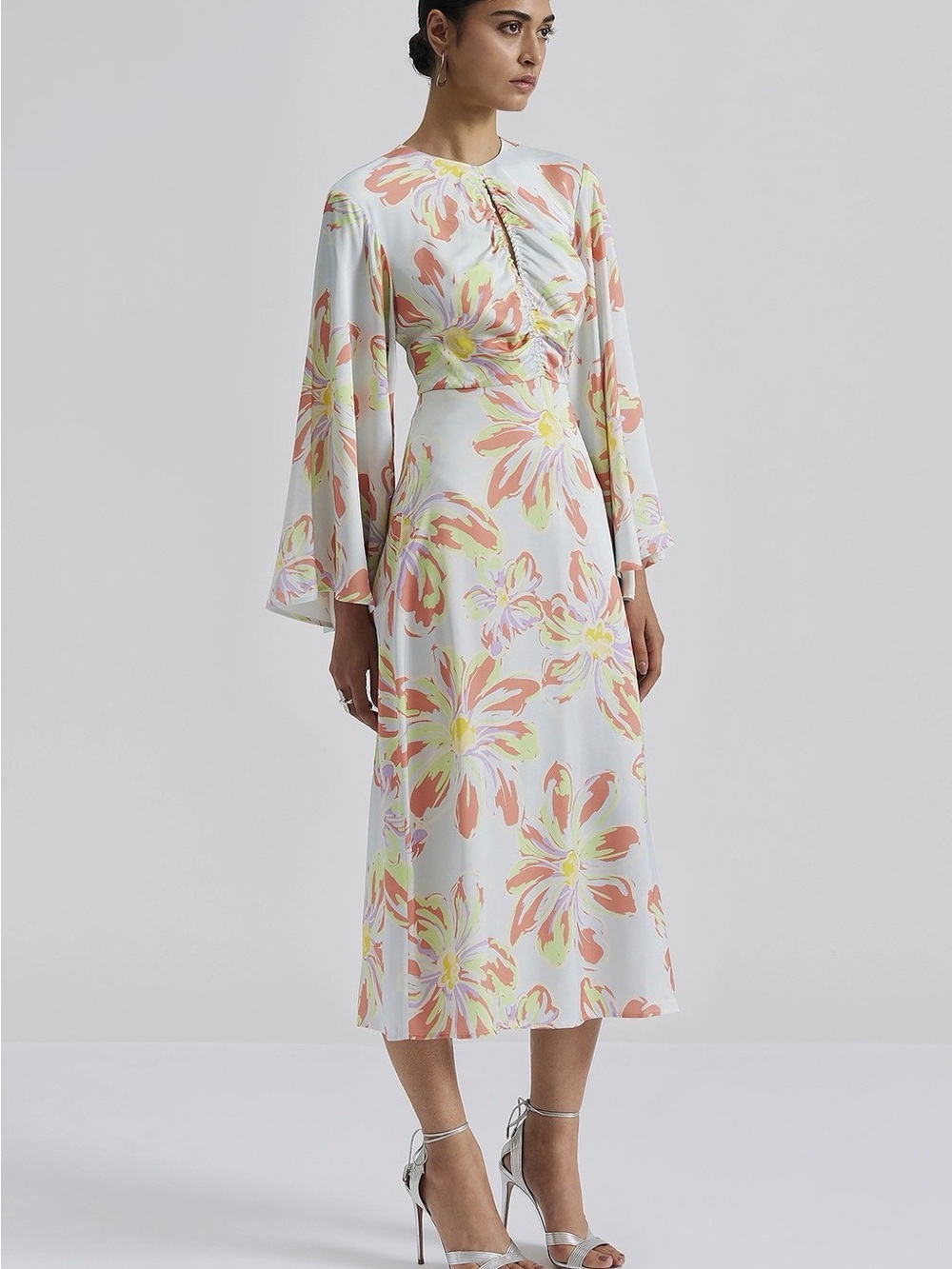 By Malina Pastel Floral Midi Dress in White with Peach and Yellow size L